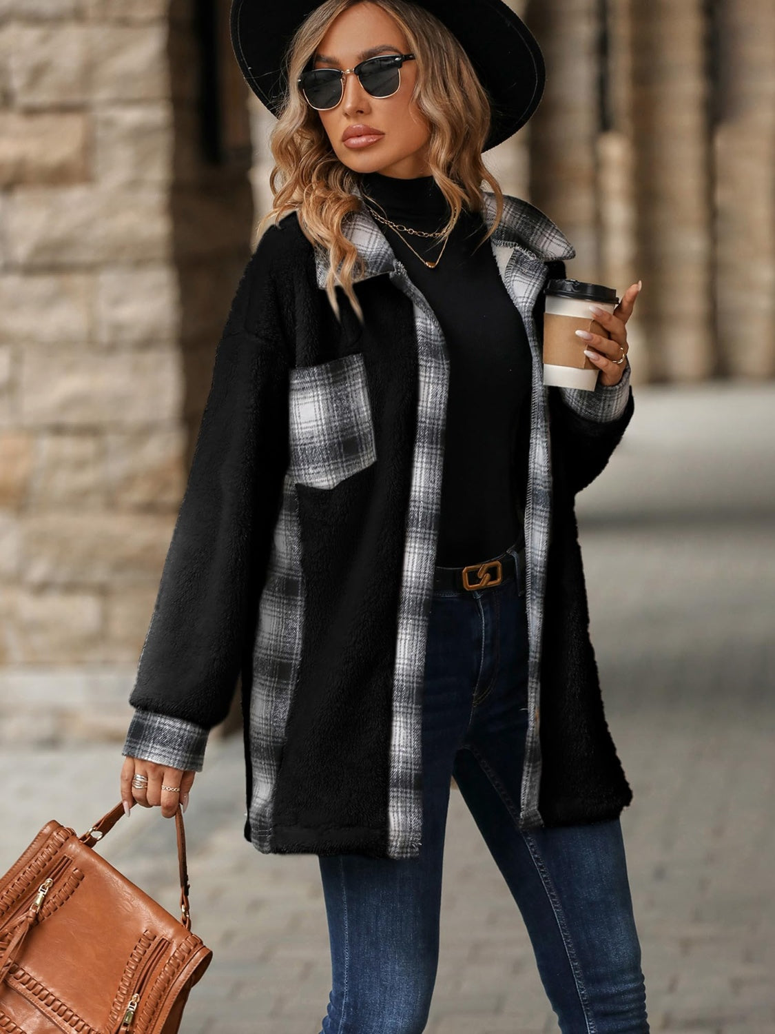 Plaid Button Up Long Sleeve Fuzzy Outerwear