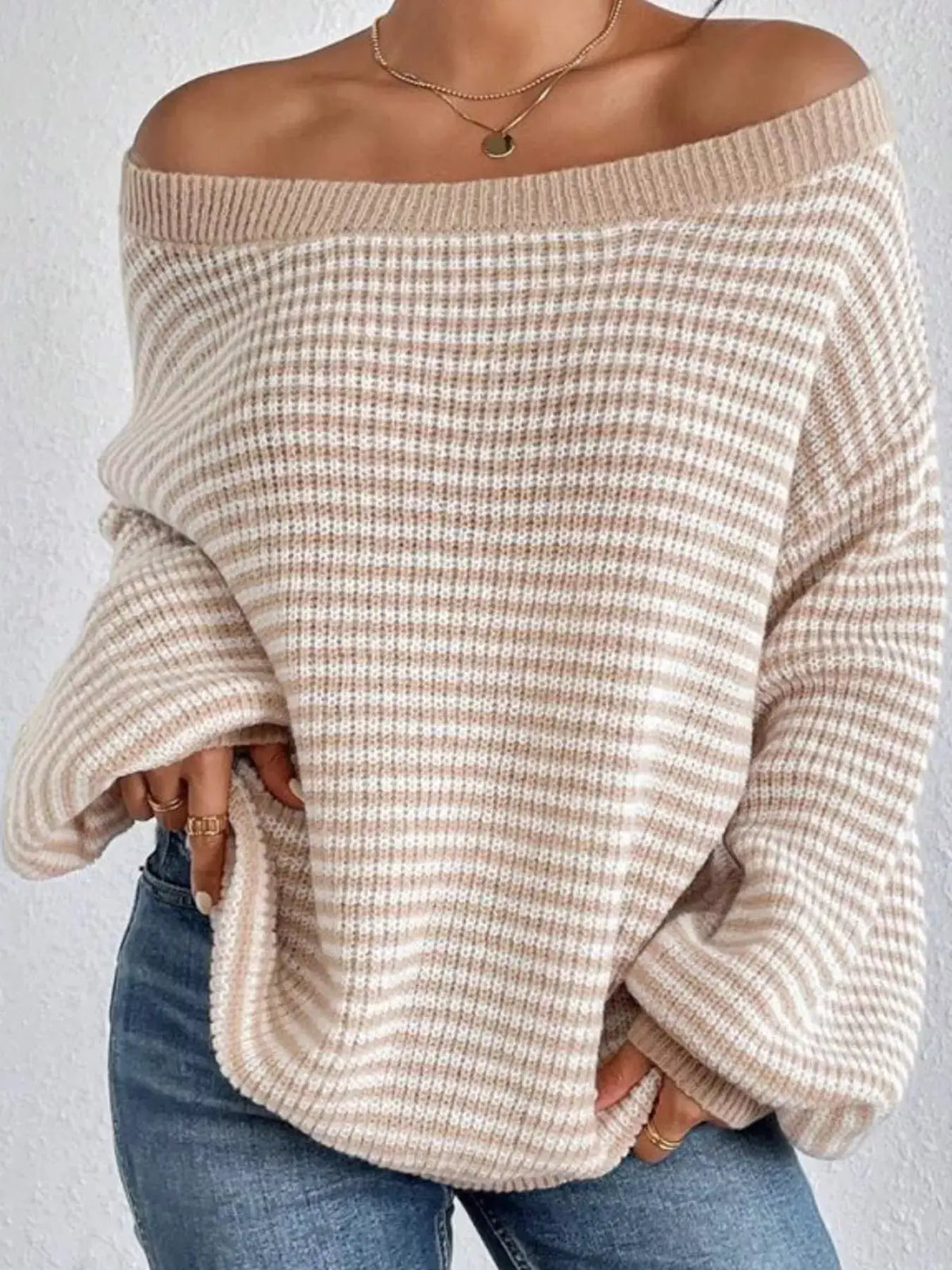Striped Knit Boat Neck Sweater by Trendsi
