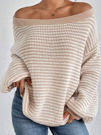 Striped Knit Boat Neck Sweater by Trendsi