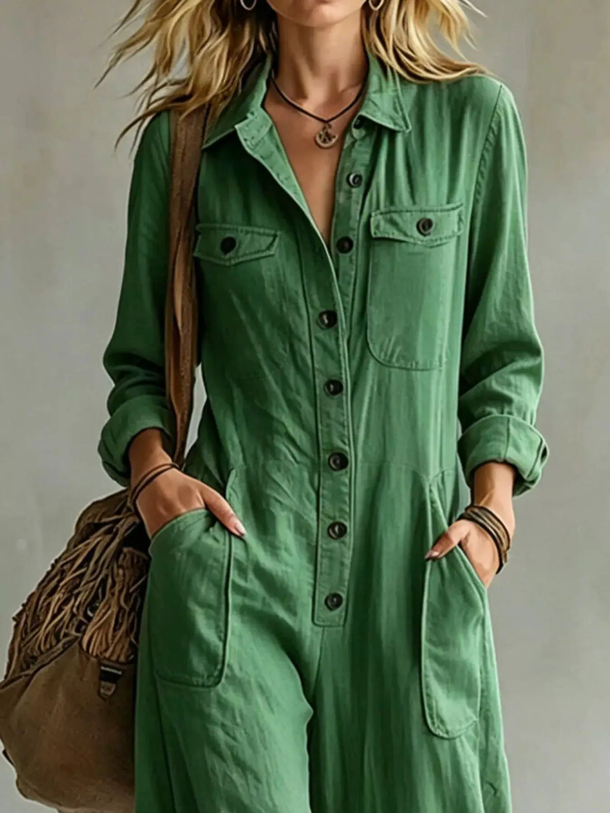 Full Size Long Sleeve Button Front Jumpsuit Plus Size by Trendsi