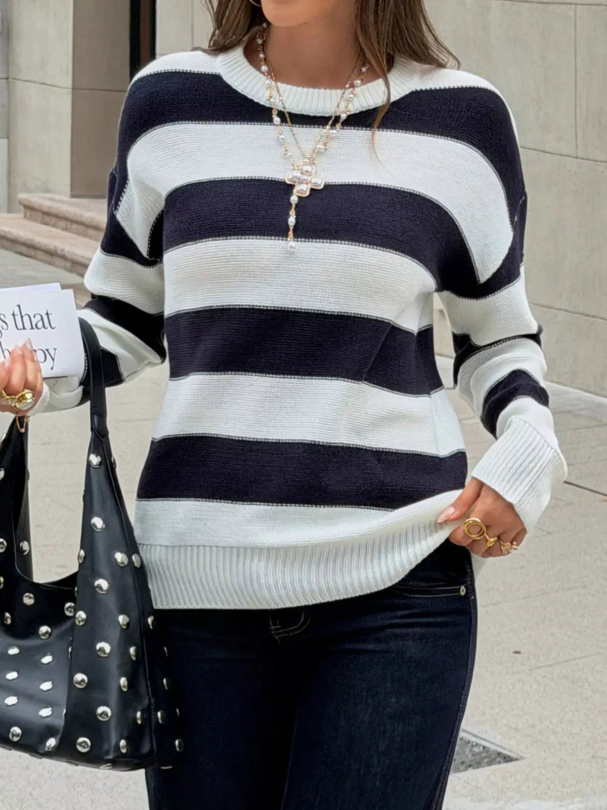 Striped Crew Neck Sweater by Trendsi