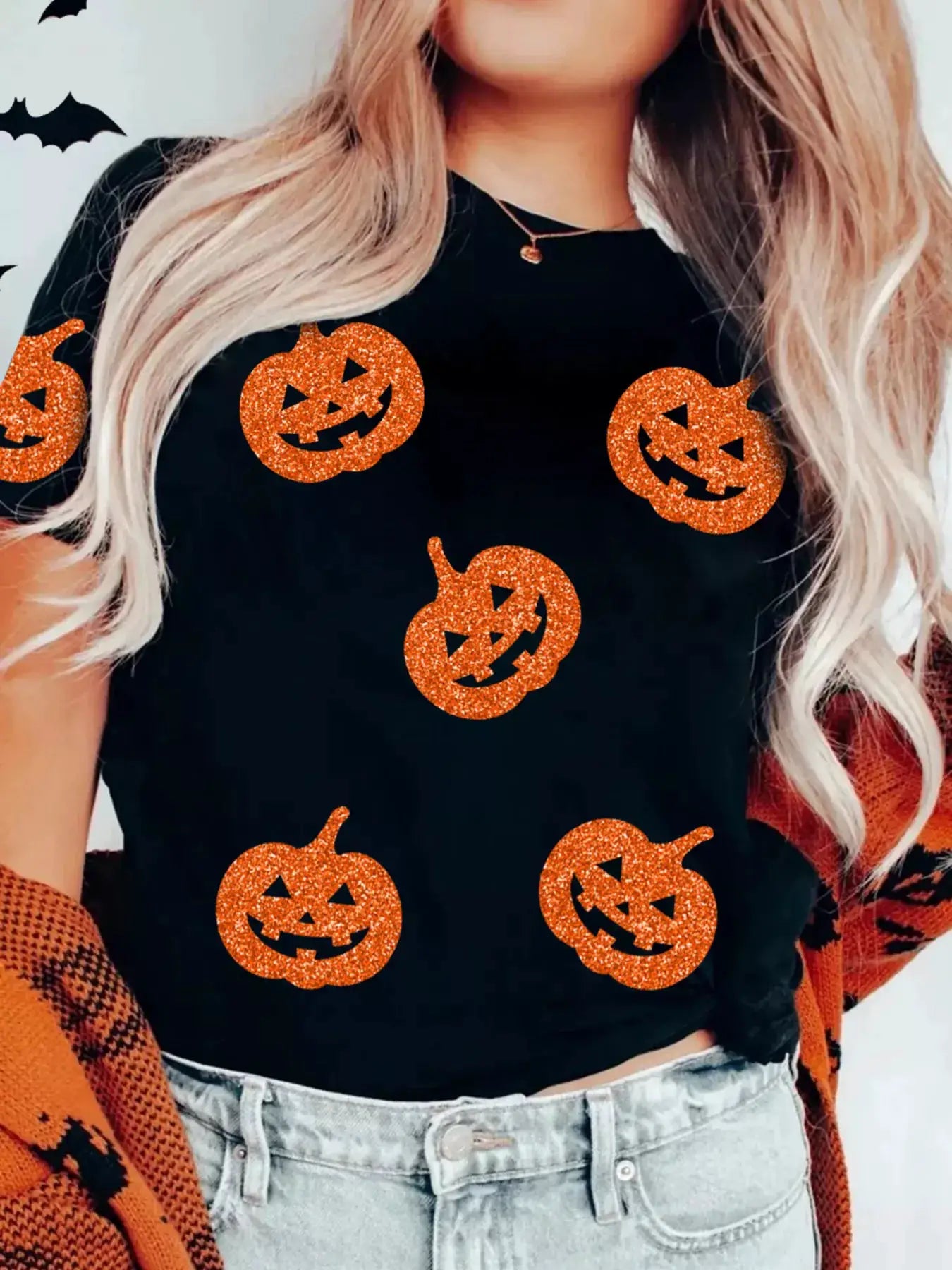 Glittering Pumpkin Face Crewneck Halloween T Shirt by Trendsi