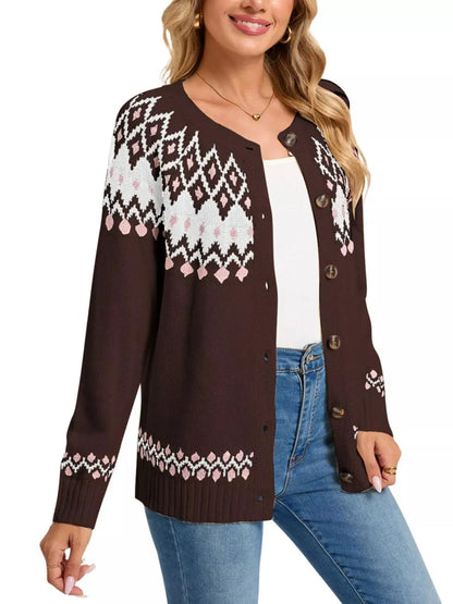 Fair Isle Patterned Button-Down Knit Cardigan by Trendsi