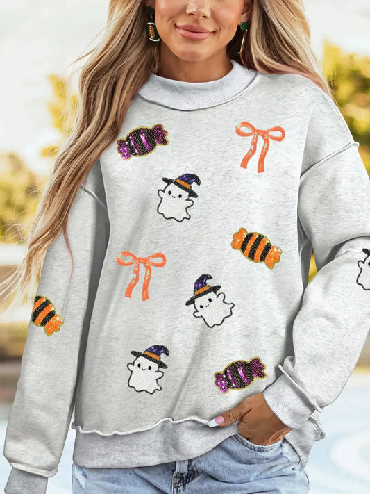 Halloween Sequin Ghost Candy Pullover Graphic Sweatshirt by Trendsi
