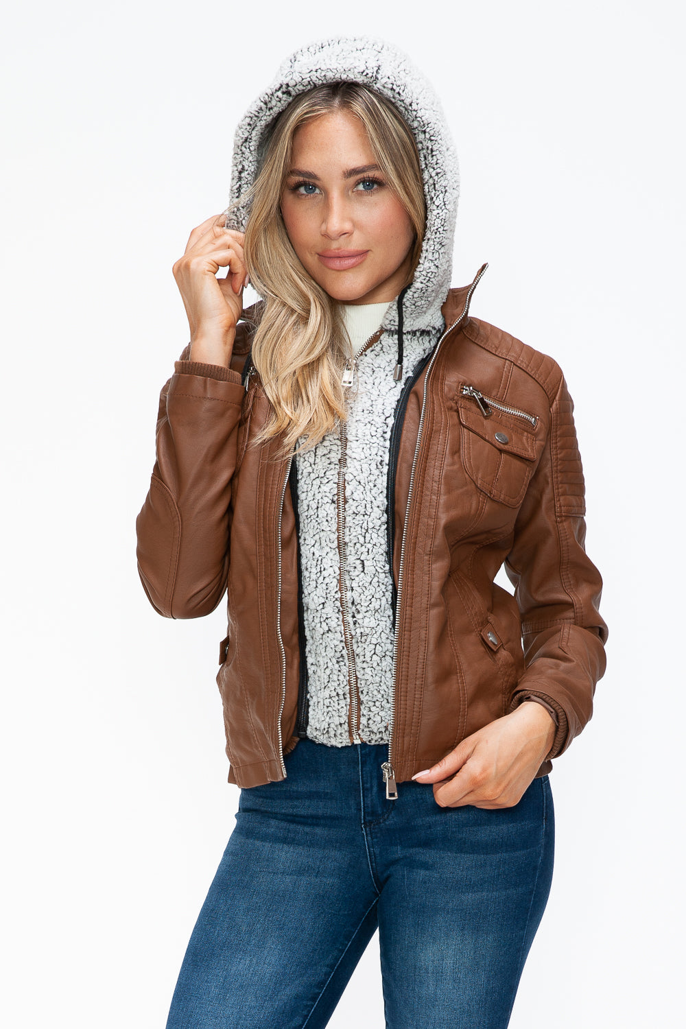 YMI Removable Faux Layered Multi-Pocket Jacket with Fuzzy Hood