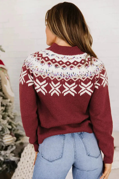 Christmas Theme Geometric Pattern Knit Round Neck Shift Sweater by Trendsi