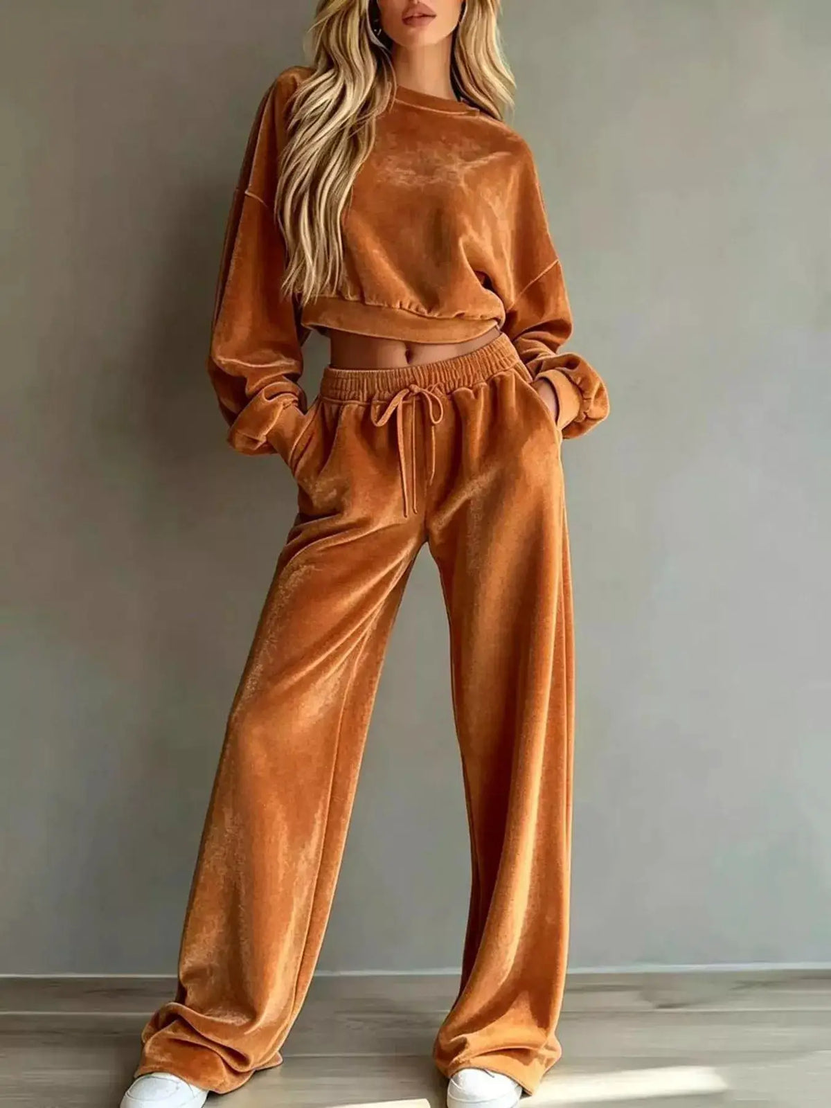 Full Size Cropped Sweatshirt and Wide-Leg Pants Set Plus Size by Trendsi
