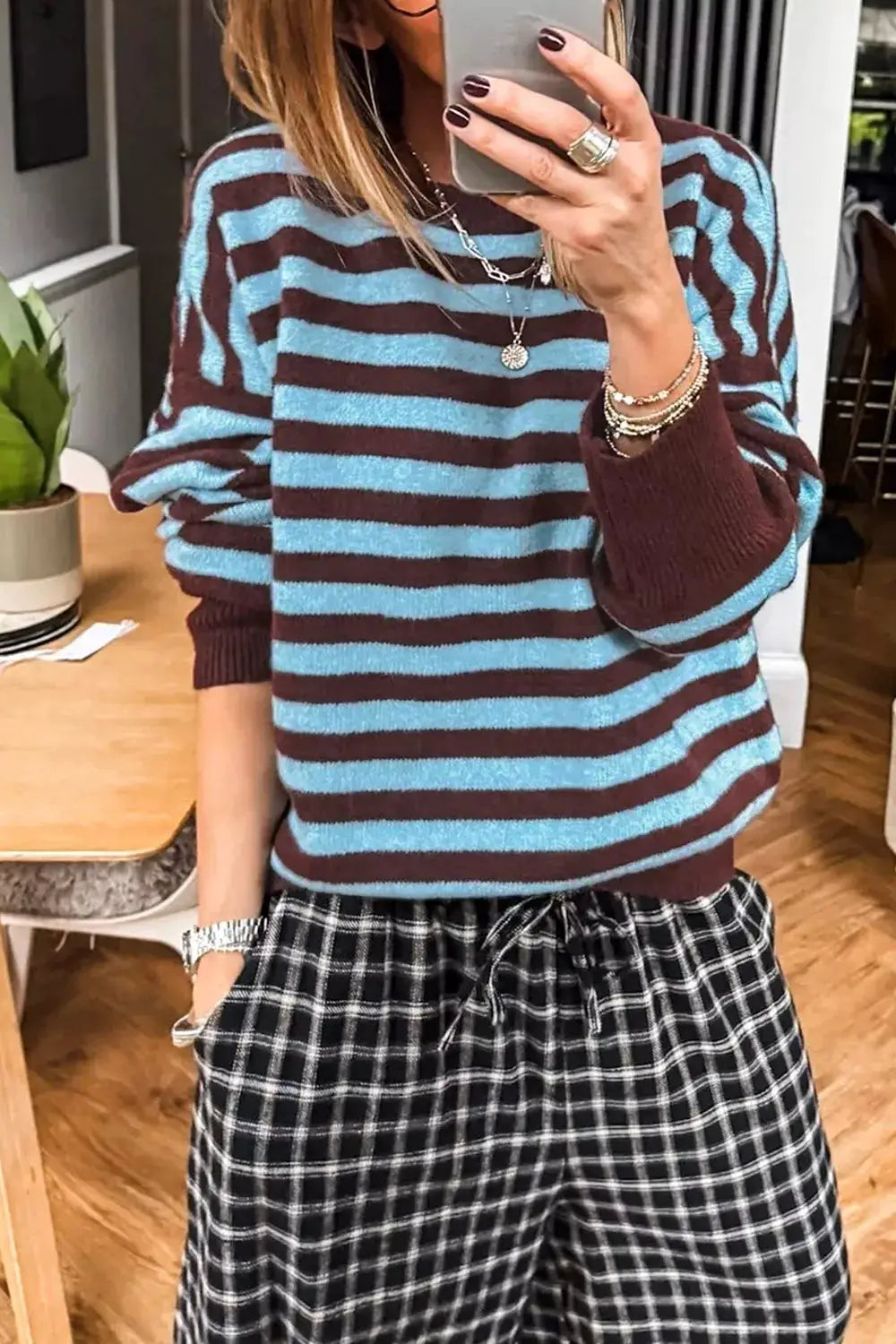 Stripe Color Block Loose Crew Neck Cuffed Sweater by Trendsi