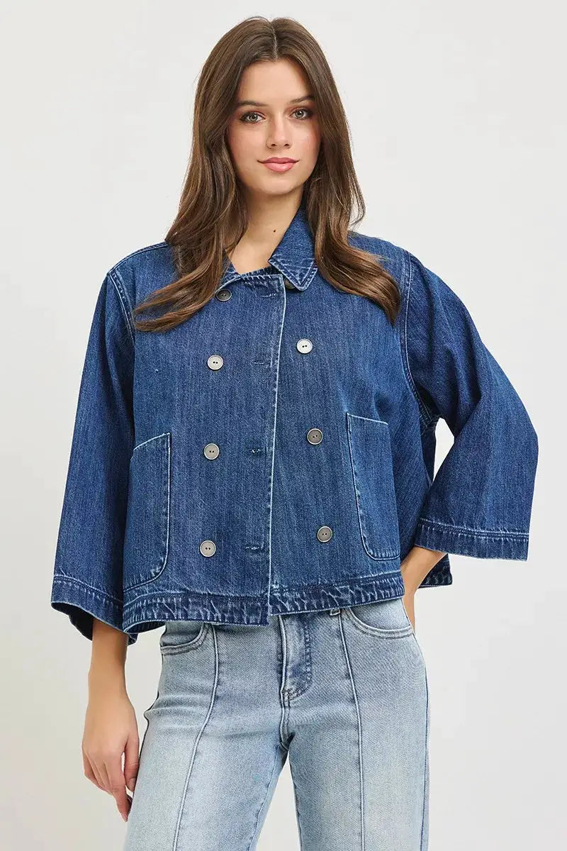 RISEN Double-Breasted Flowy Cropped Denim Jacket by Trendsi