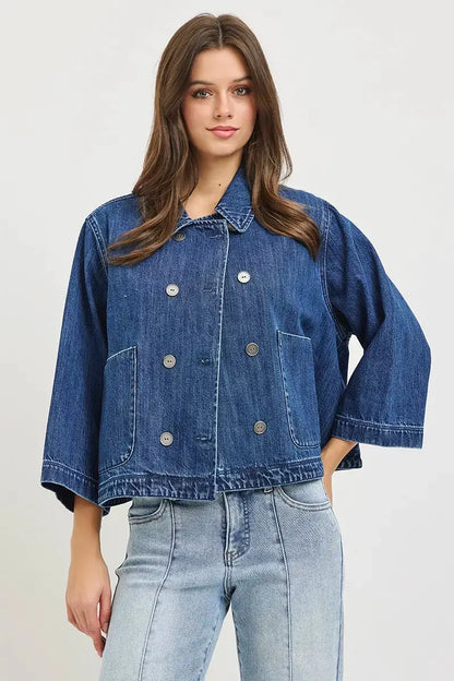 RISEN Double-Breasted Flowy Cropped Denim Jacket by Trendsi