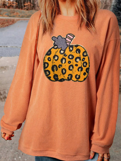 Halloween Leopard Pumpkin Patchwork Ribbed Sweatshirt by Trendsi