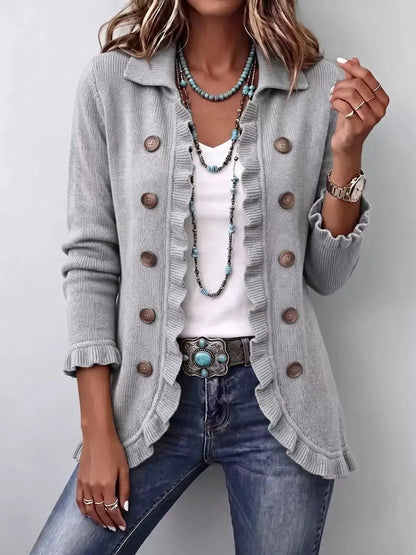 Full Size Ruffled Trim Decorative Button Cardigan Plus Size by Trendsi