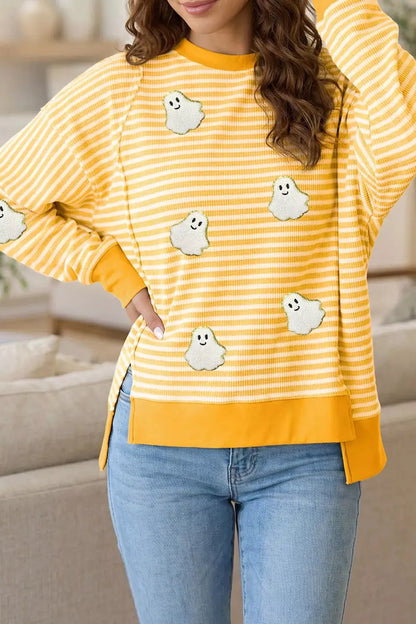 Stripe Halloween Ghost Patch Round Neck Long Sleeve Top by Trendsi