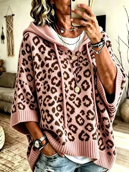 Drawstring Leopard Hooded Sweater by Trendsi
