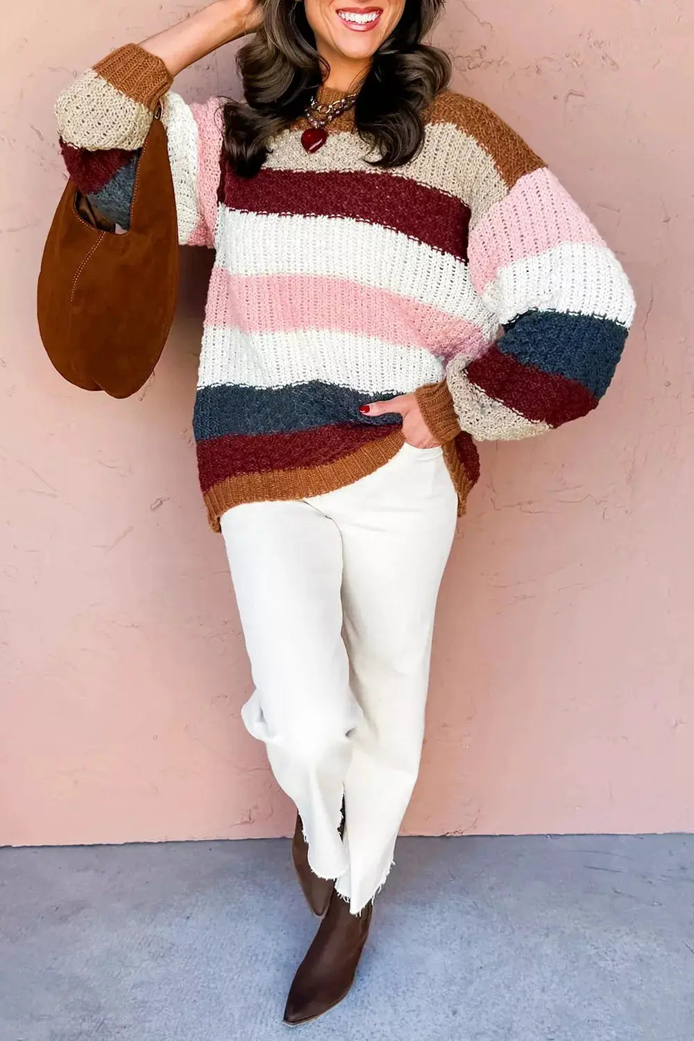 Striped Knit Dropped Shoulder Round Neck Sweater by Trendsi