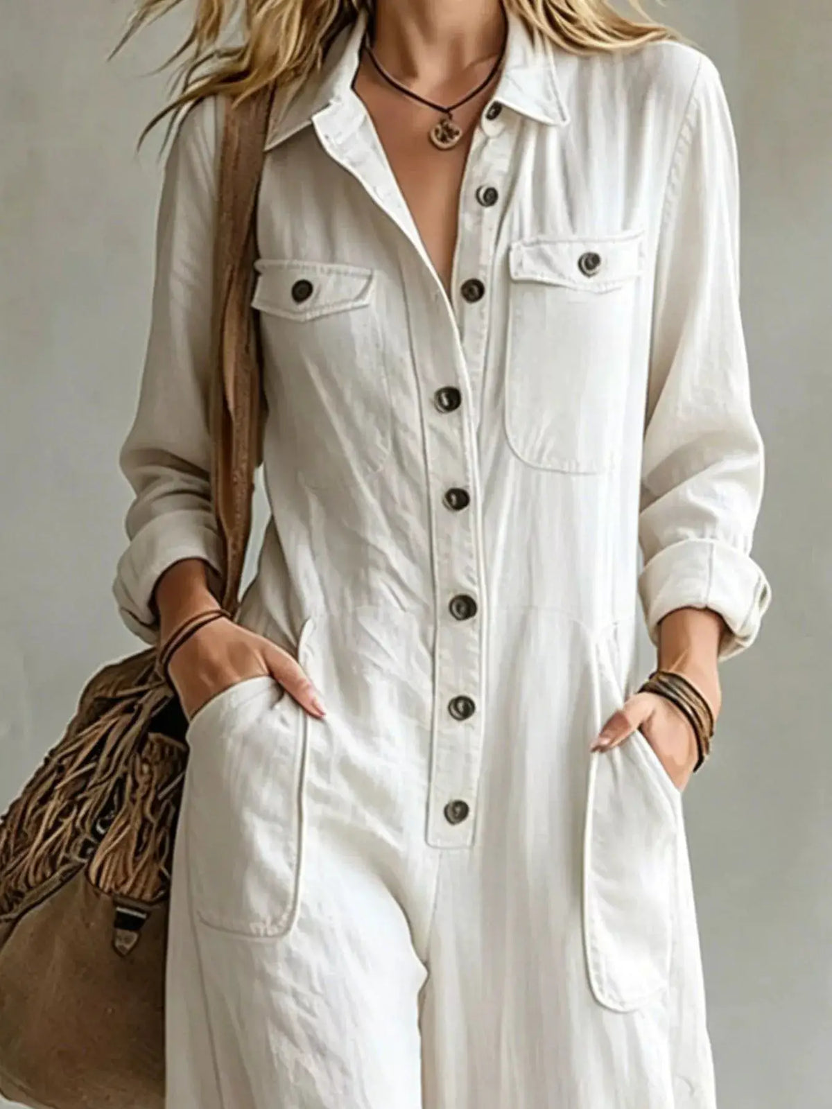 Full Size Long Sleeve Button Front Jumpsuit Plus Size by Trendsi