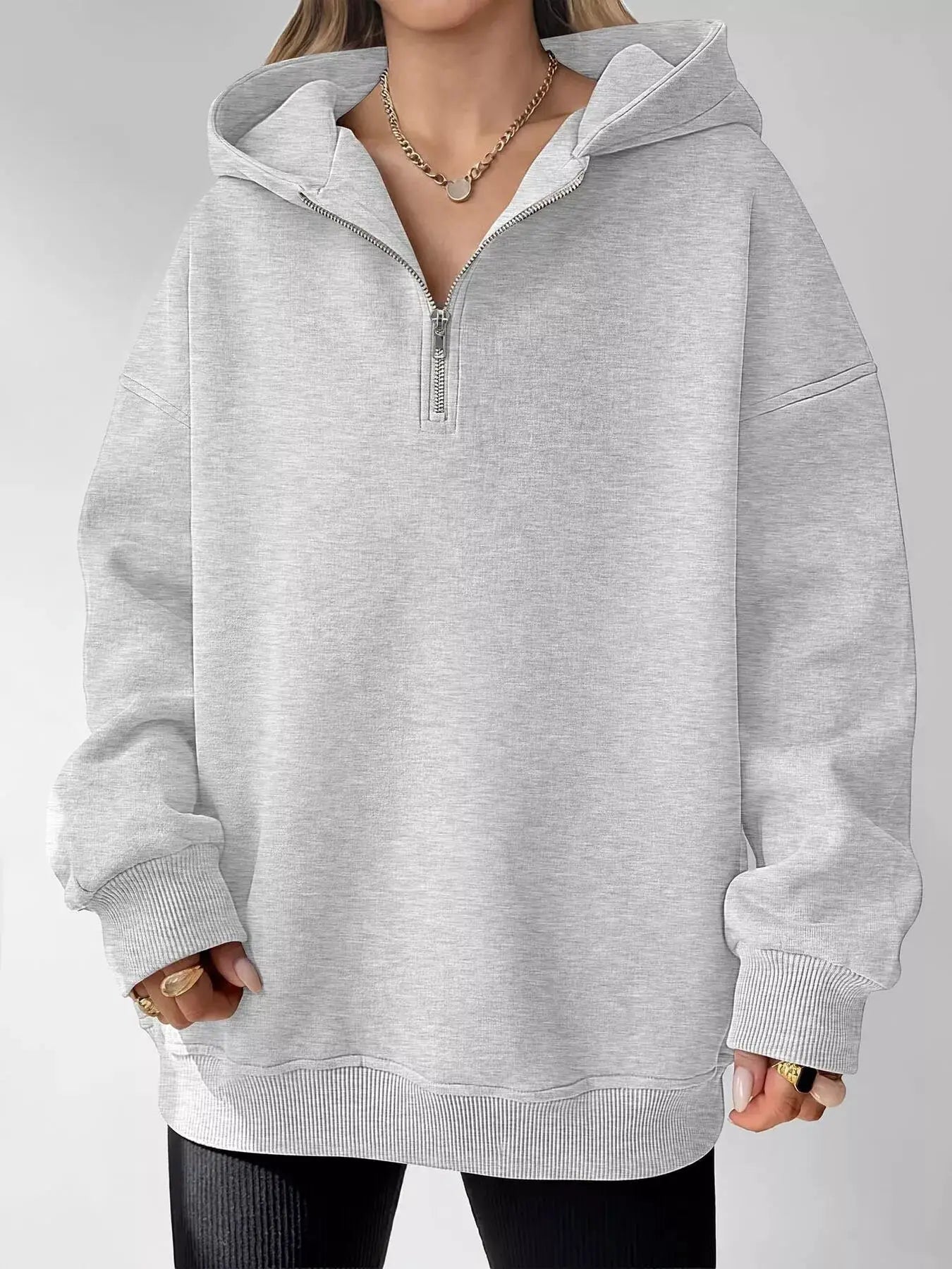 Oversized Quarter-Zip Hoodie by Trendsi
