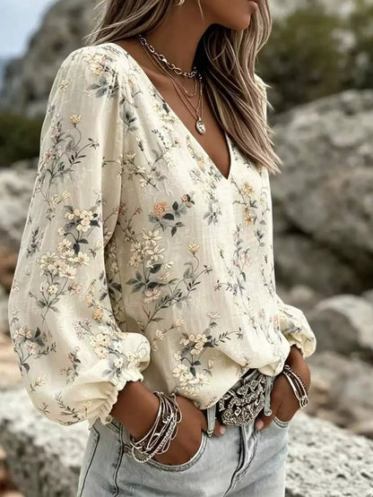 Floral Print V-Neck Long Sleeve Blouse by Trendsi