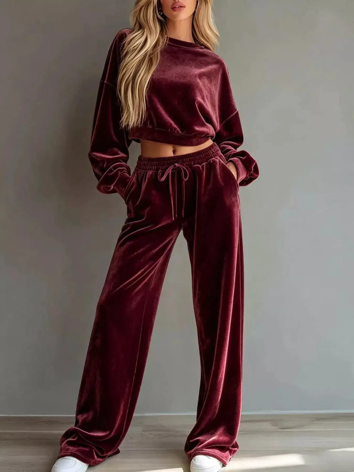 Full Size Cropped Sweatshirt and Wide-Leg Pants Set Plus Size by Trendsi