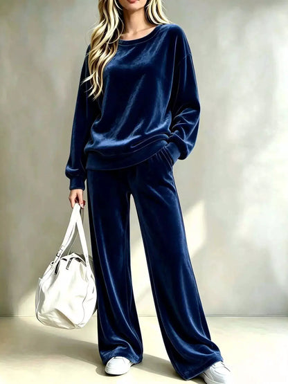 Full Size Velvet Dropped Shoulder Top and Wide-Leg Pants Set Plus Size by Trendsi