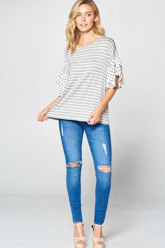 PLUS POLKA DOT RUFFLE SLEEVE TOP