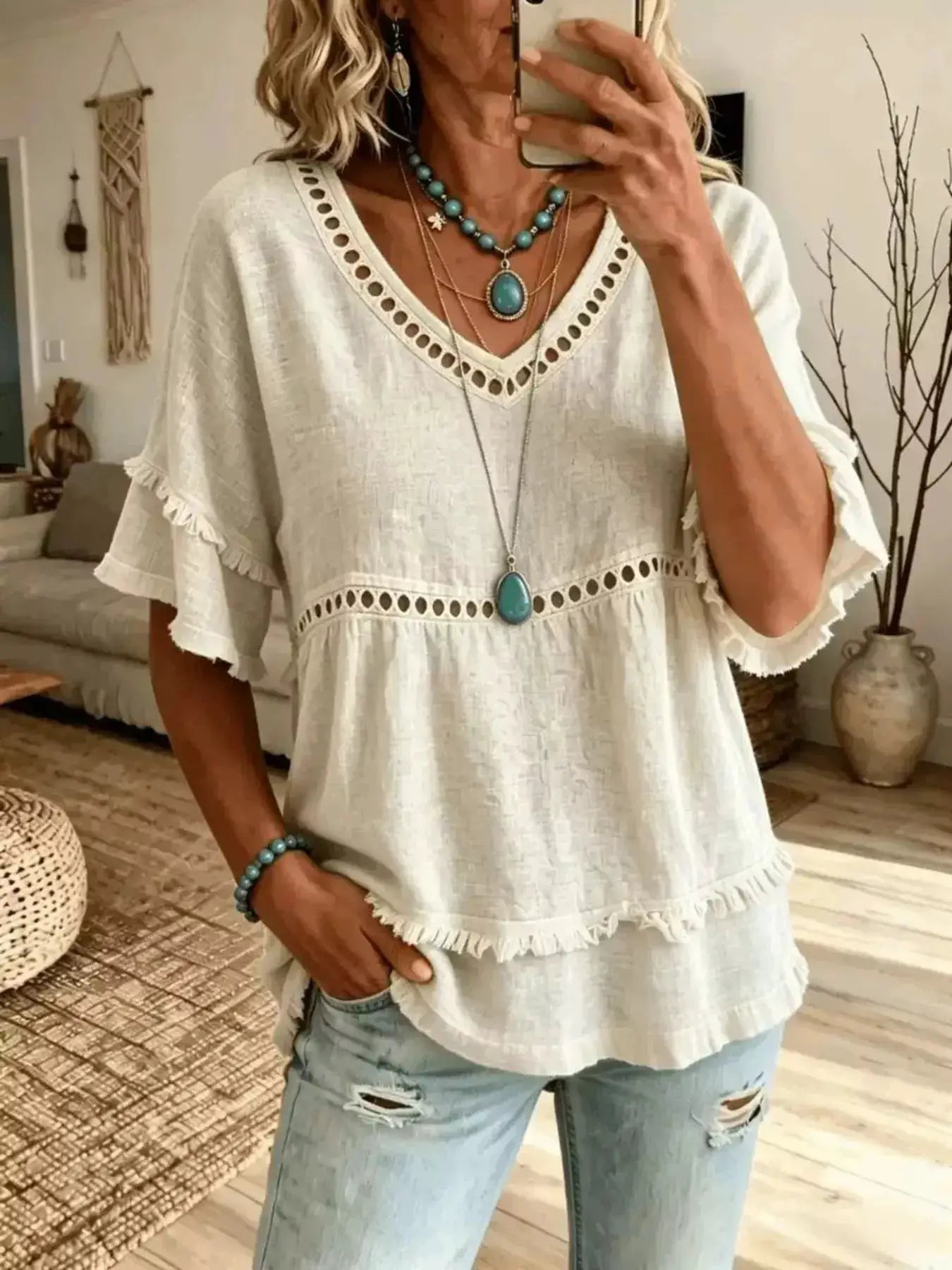 Eyelet V-Neck Frayed Edge T-Shirt by Trendsi