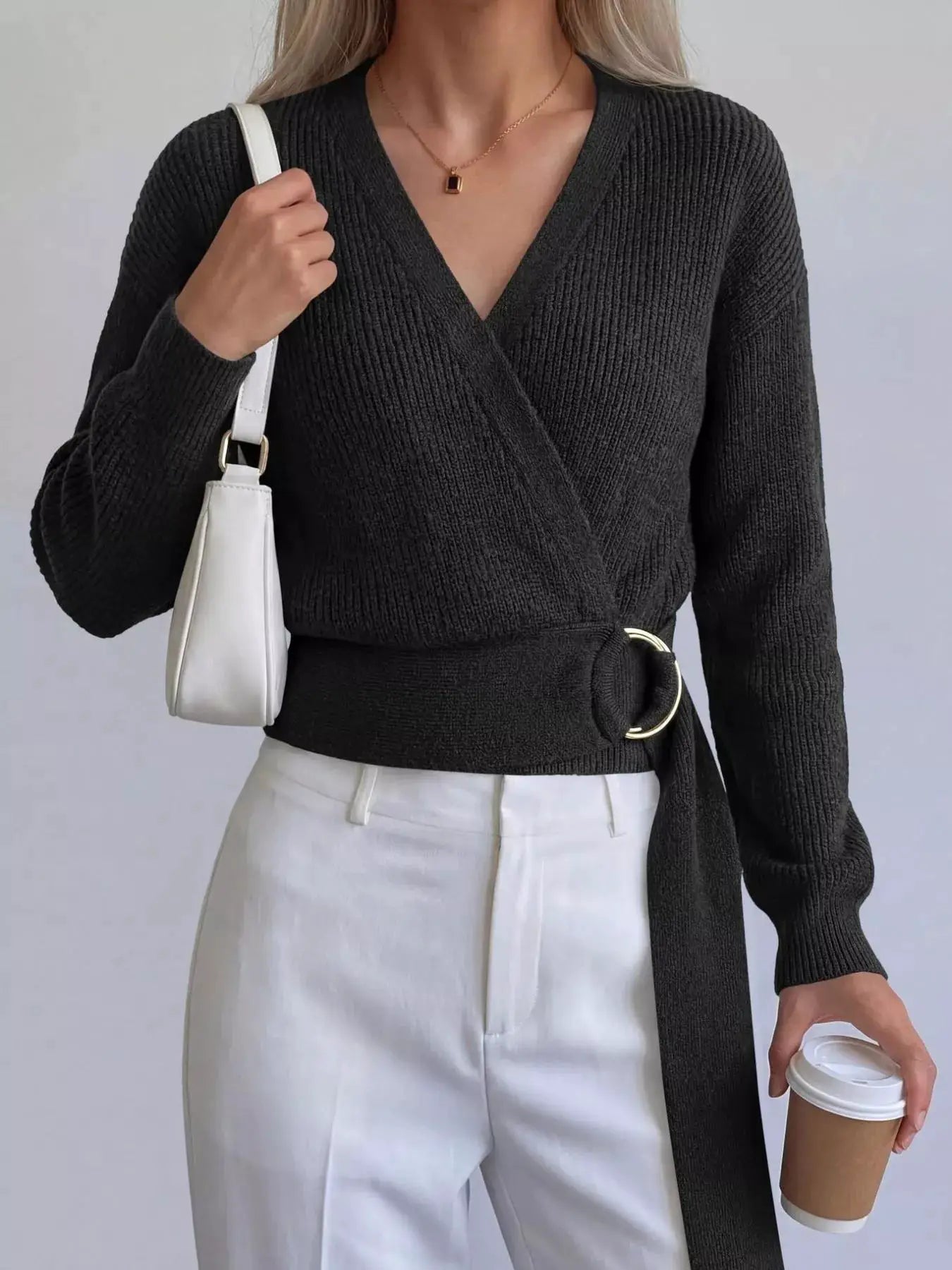 Metal Ring Detail Dropped Shoulder Sweater by Trendsi