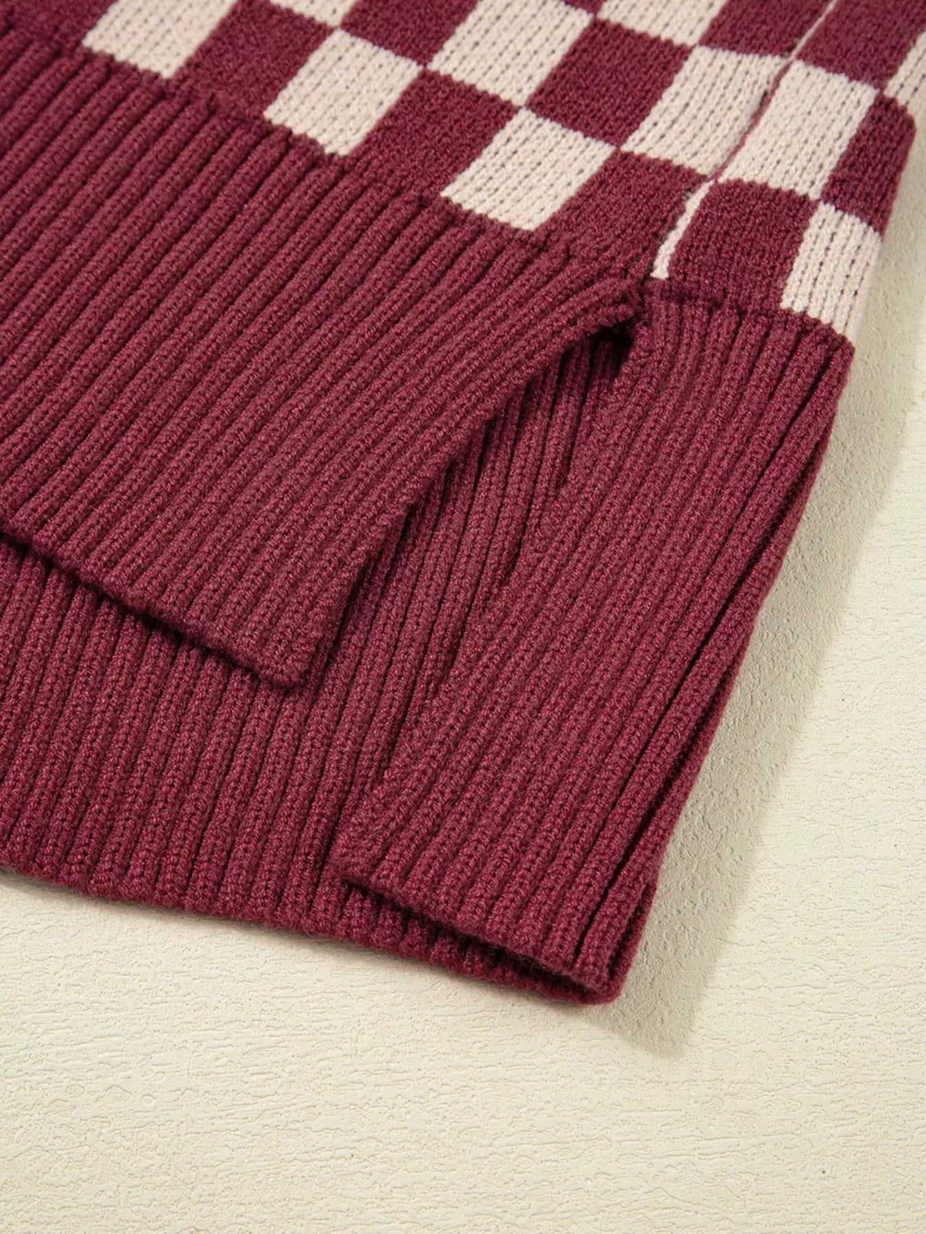 Checkered Color Block Knitted Drop Shoulder Sweater by Trendsi