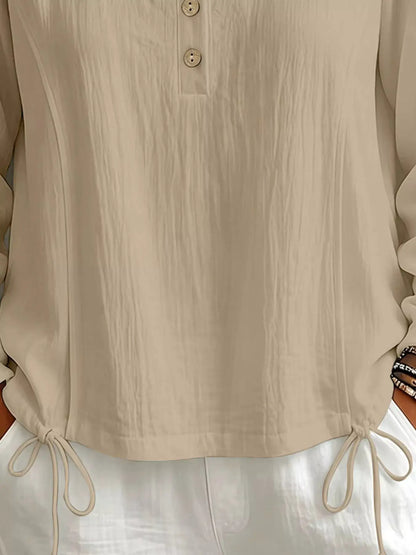 Button Detail Long Sleeve Hooded Blouse by Trendsi