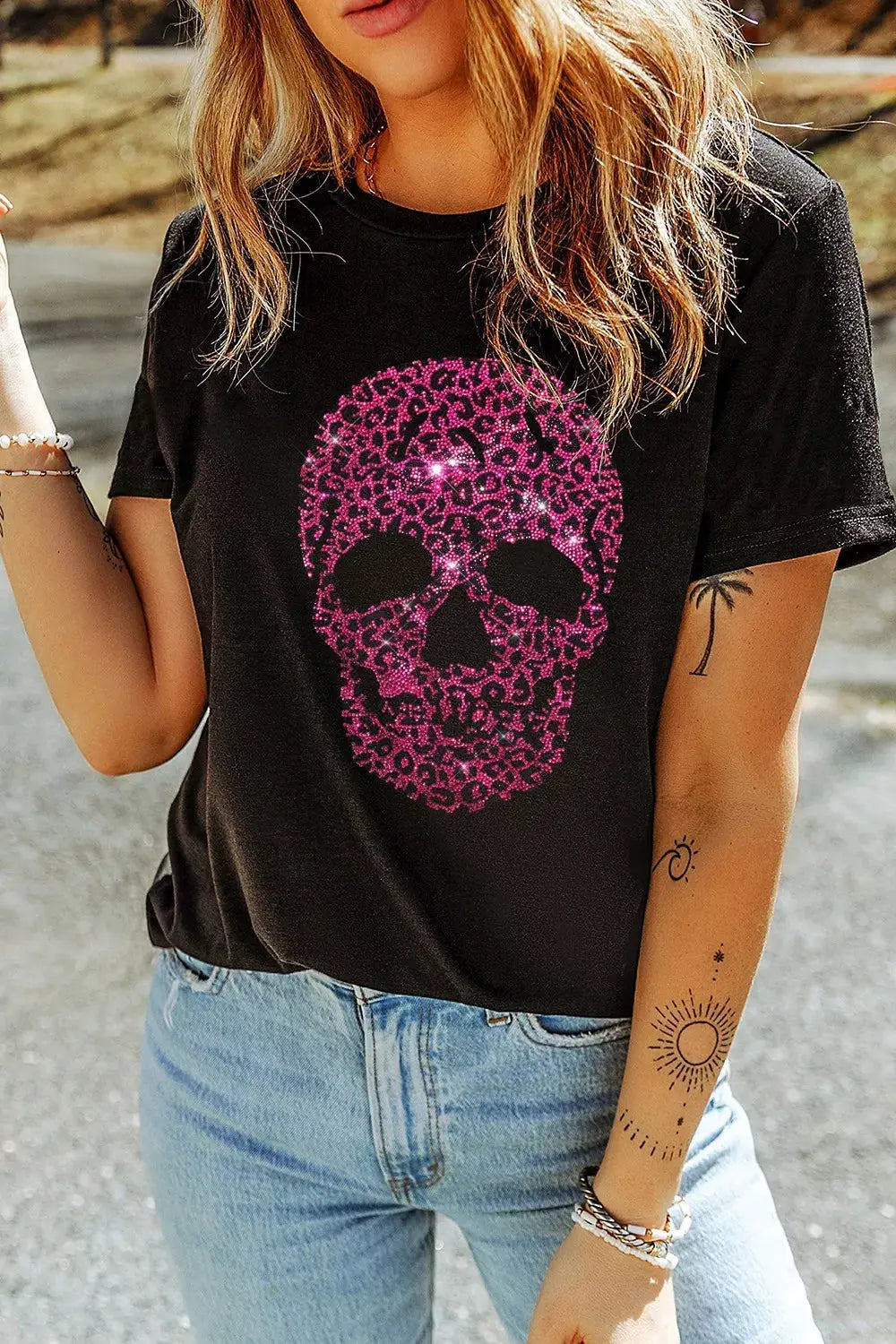 Rhinestone Skull Graphic Crew Neck T Shirt by Trendsi