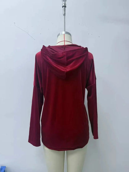 Velvet Front Pockets Hoodie by Trendsi