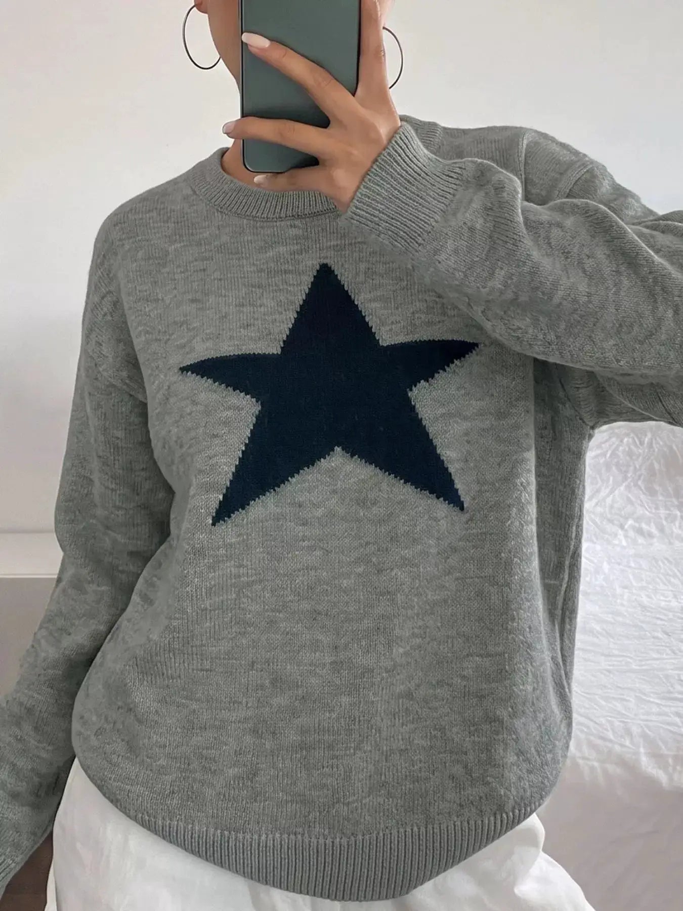 Star-Patterned Dropped Shoulder Sweater by Trendsi