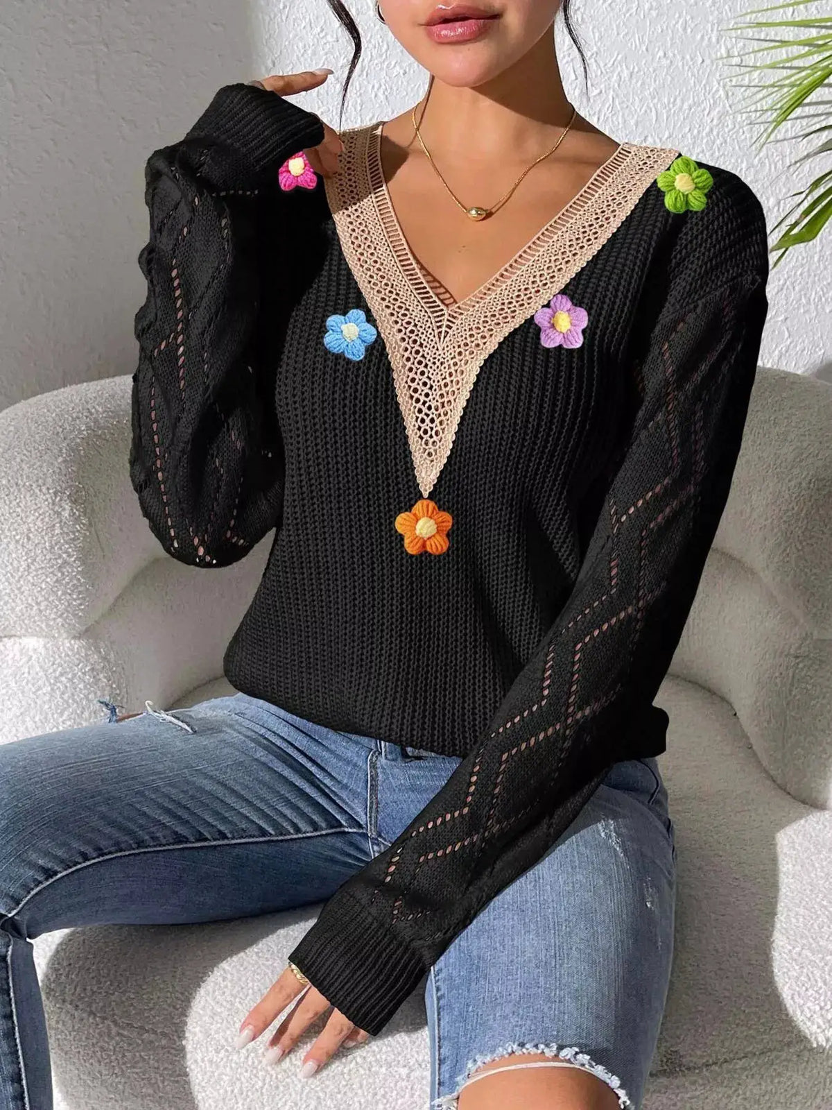 Floral Applique V-Neck Openwork Sweater by Trendsi