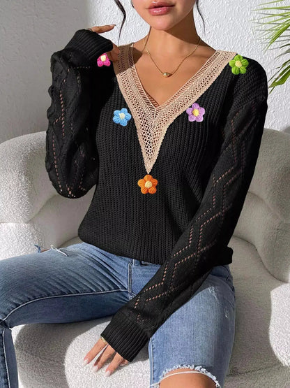 Floral Applique V-Neck Openwork Sweater by Trendsi