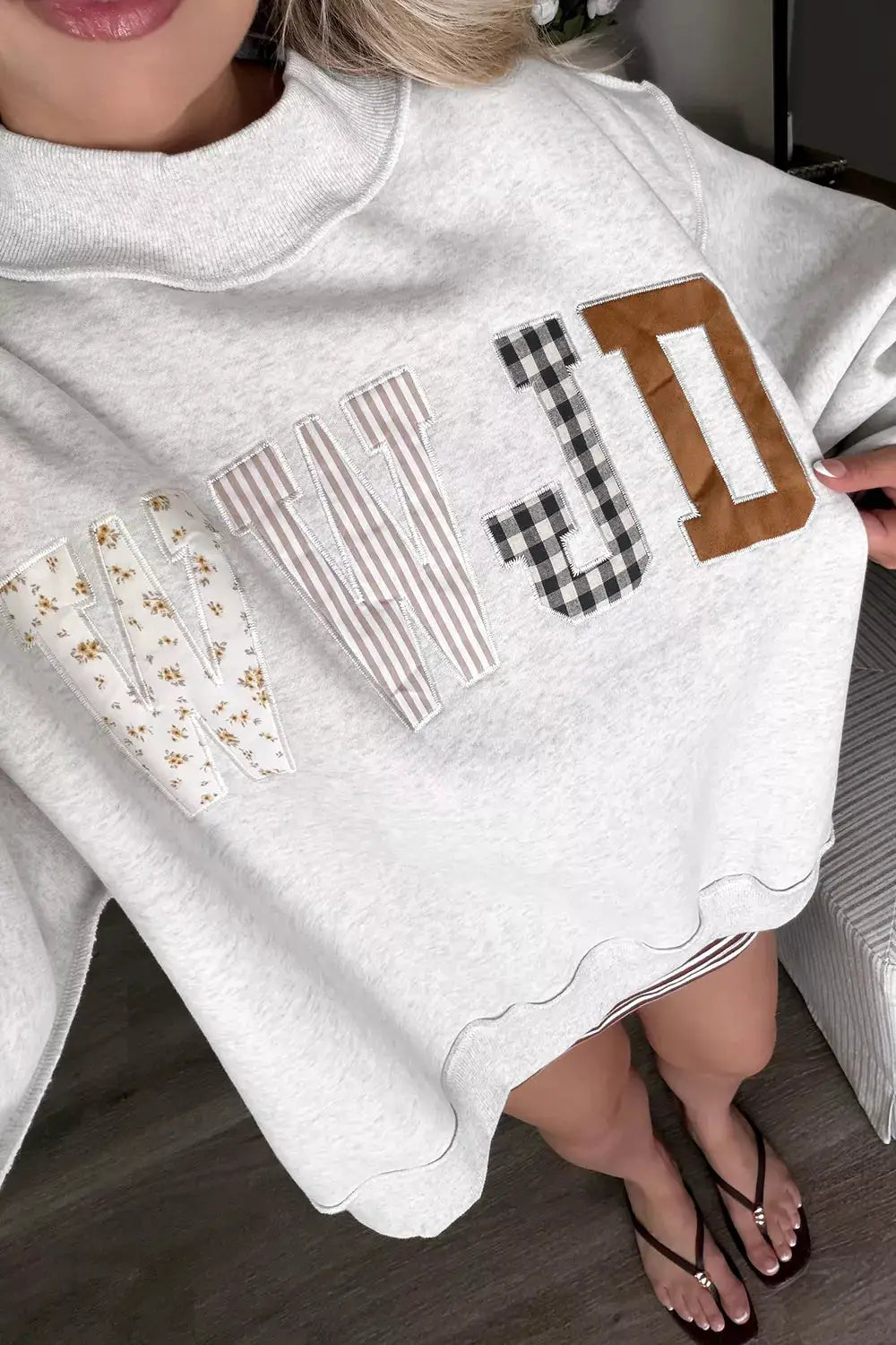 WWJD Mix Pattern Letter Graphic Exposed Seam Loose Sweatshirt by Trendsi