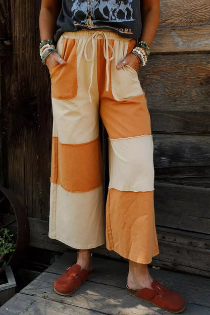 Raw Seam Colorblock Wide Leg Ankle Length Casual Pants by Trendsi