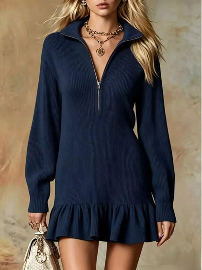 Ruffle Hem Half Zip Dress by Trendsi
