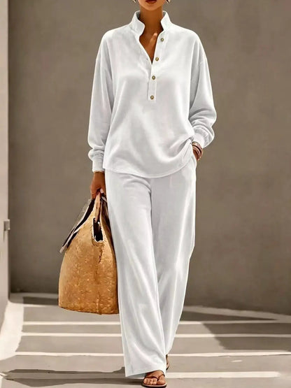 Full Size Half Button Top and Wide Leg Pants Set Plus Size by Trendsi