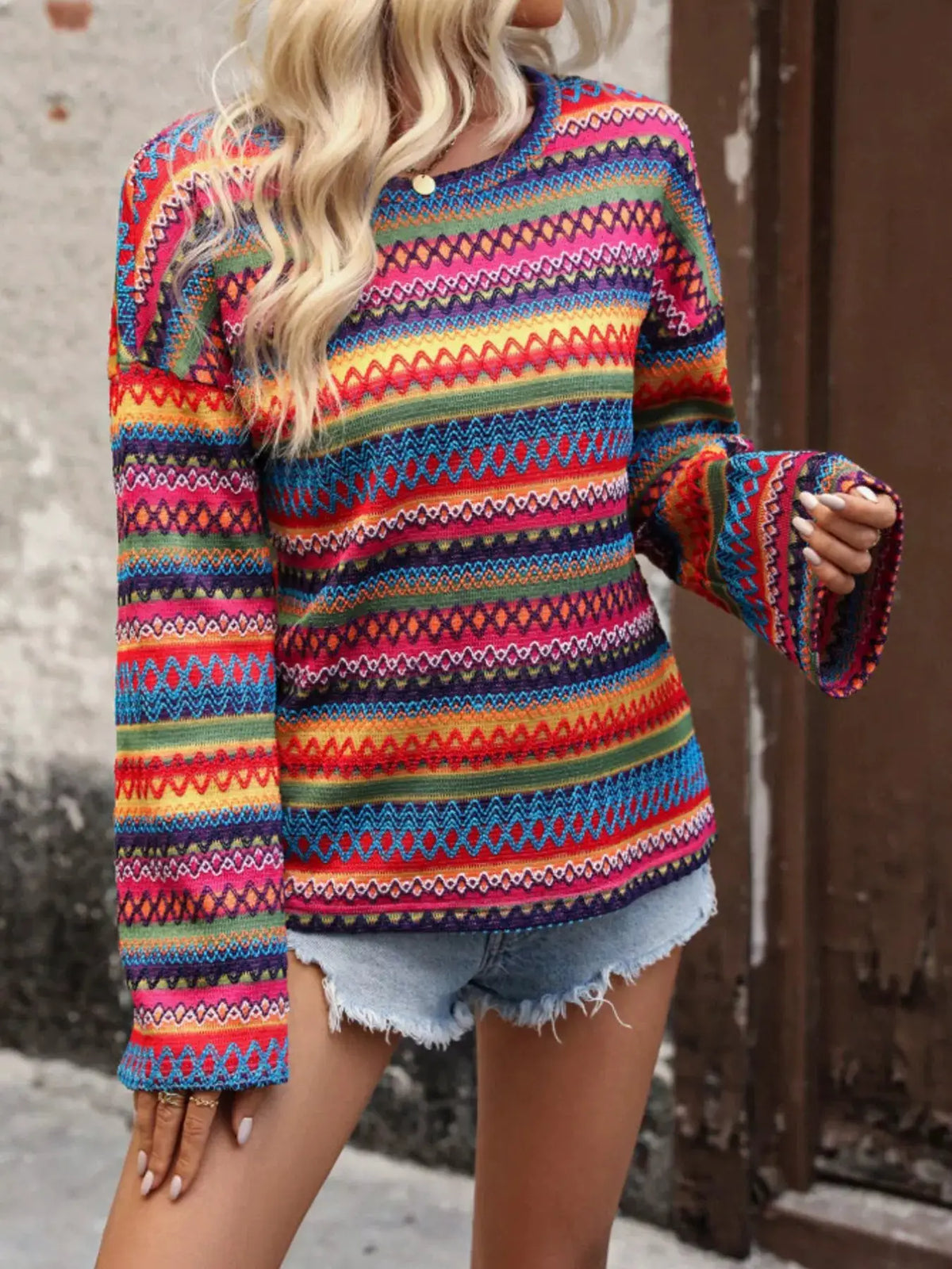 Vibrant Multi-Color Geometric Pattern Knit Top by Trendsi