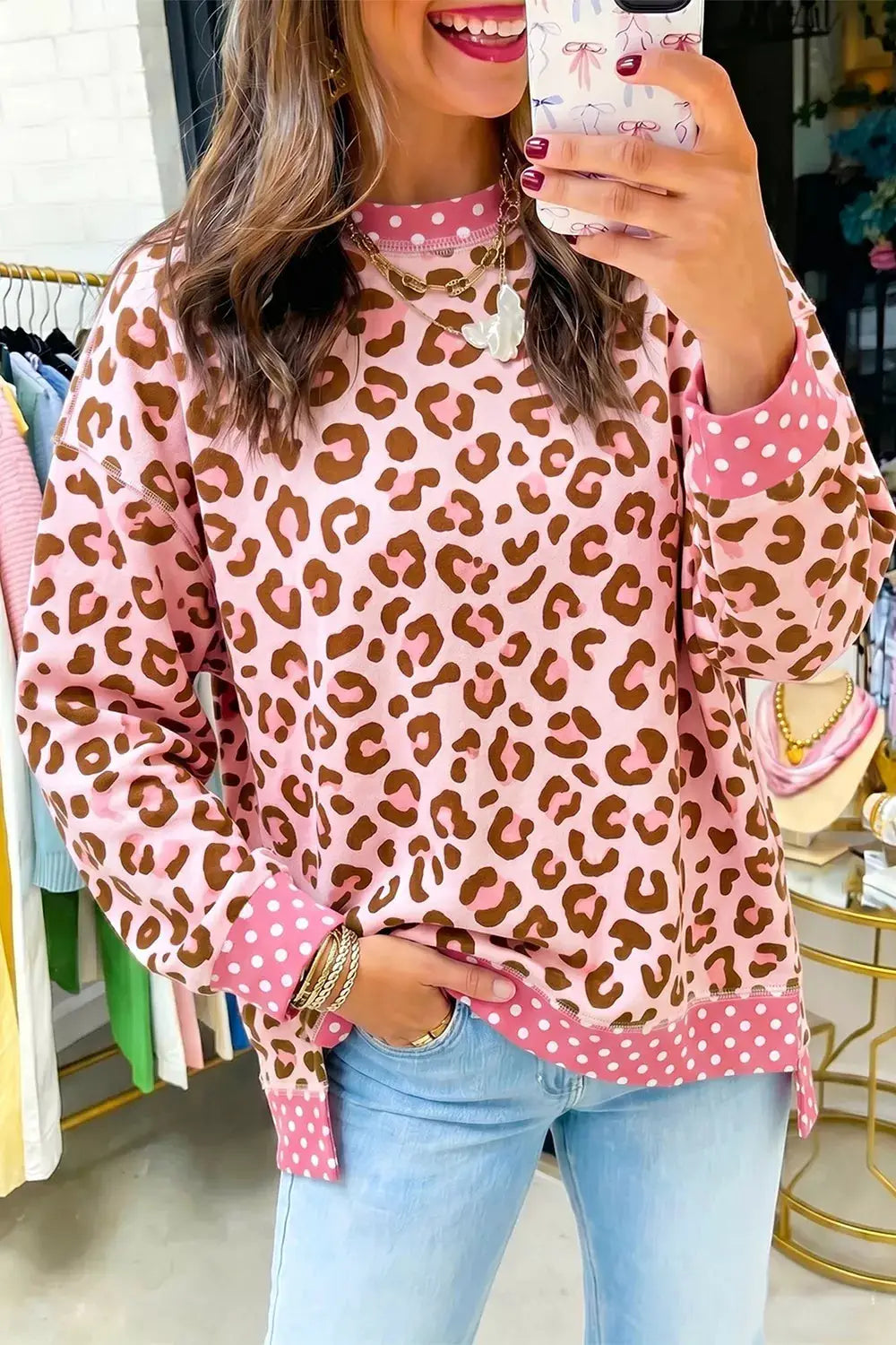 Polka Dot Contrast Trim Leopard Round Neck Sweatshirt by Trendsi