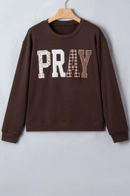 Plaid 'PRAY' Crew Neck Sweatshirt by Trendsi
