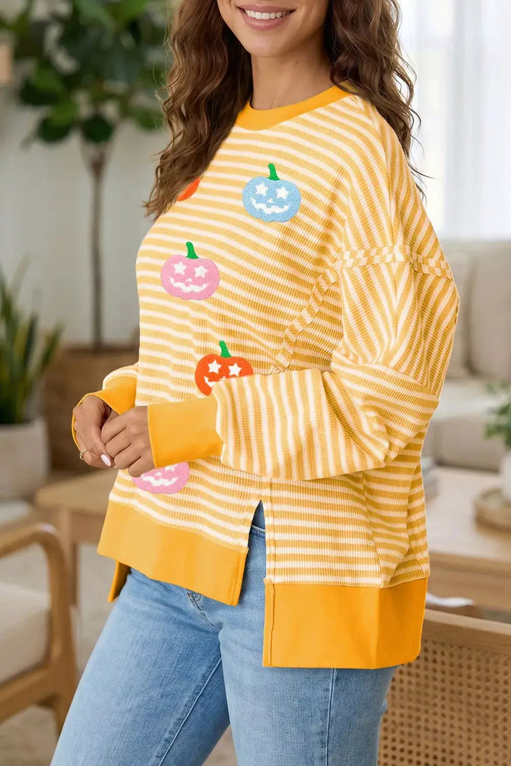 Stripe Halloween Pumpkin Face Waffle Knit Pullover Loose Top with Slits by Trendsi
