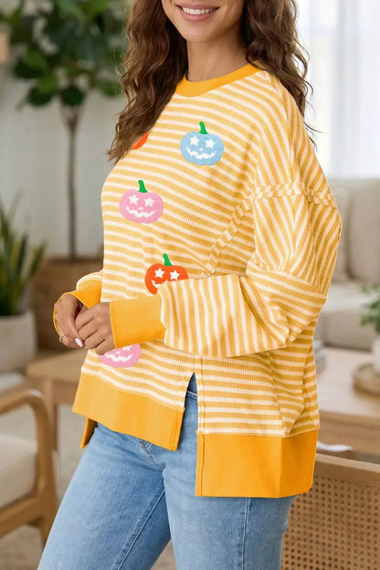 Stripe Halloween Pumpkin Face Waffle Knit Pullover Loose Top with Slits by Trendsi