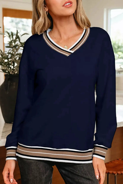 Contrast Striped Trim V Neck Sweatshirt by Trendsi