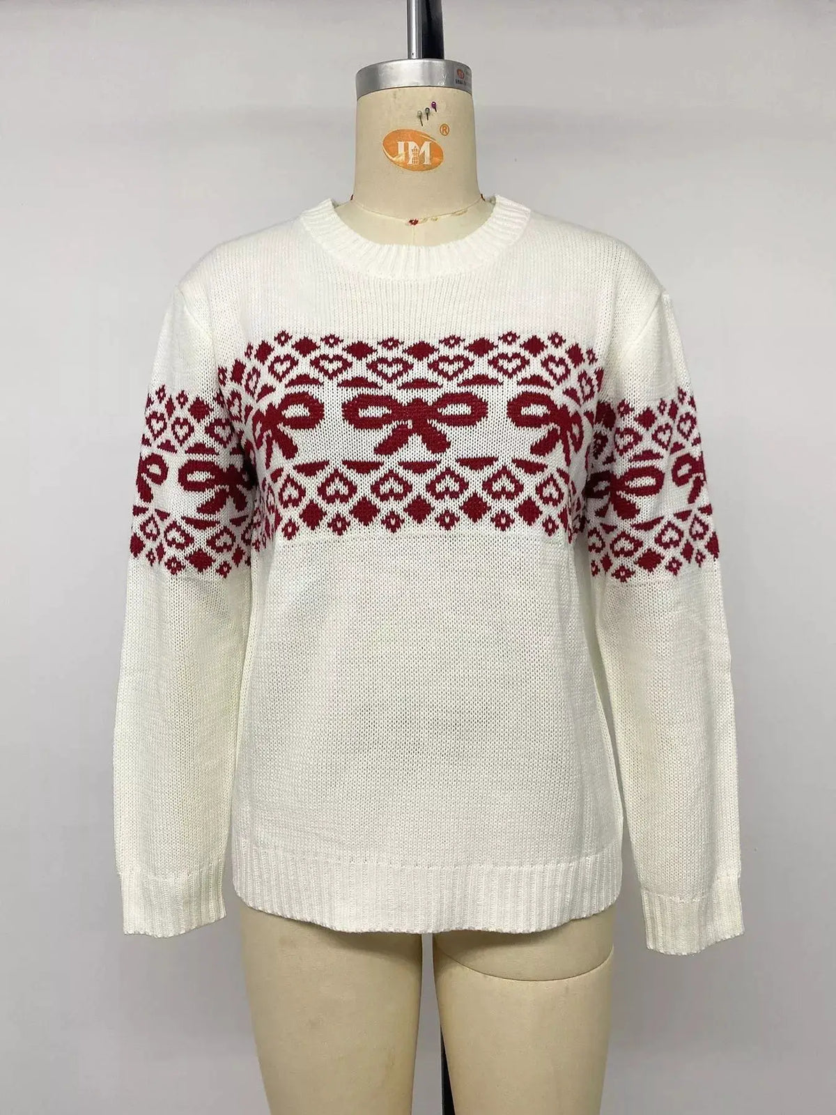 Bow Pattern Long Sleeve Christmas Sweater by Trendsi