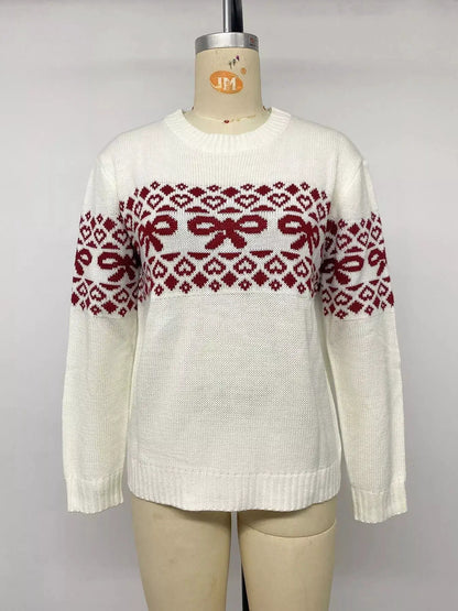 Bow Pattern Long Sleeve Christmas Sweater by Trendsi