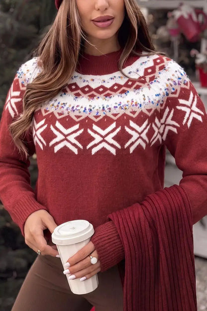 Christmas Theme Geometric Pattern Knit Round Neck Shift Sweater by Trendsi