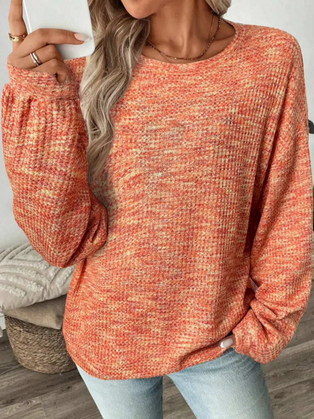 Space-Dyed Long Sleeve Waffle-Knit Top by Trendsi