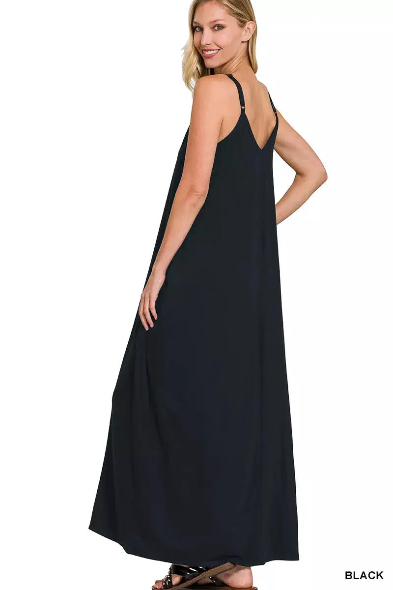 Zenana V-Neck Cami Maxi Dress with Side Pockets by Trendsi