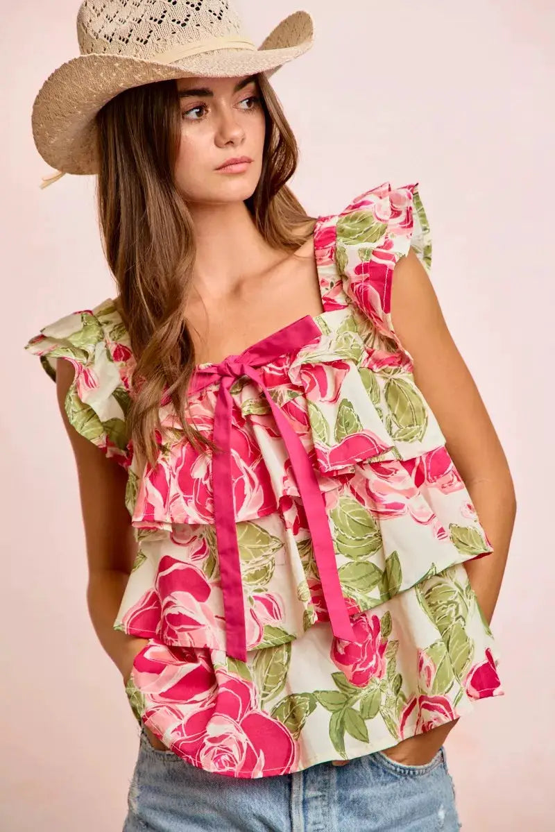BiBi Floral Print Woven Bow Tie Ruffle Square Neck Top by Trendsi
